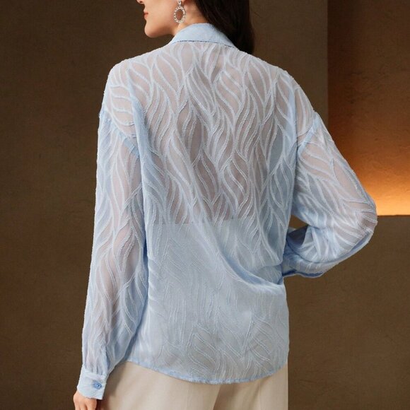 Baby Blue Elegant Women's Embellished Floral Semi-Sheer Long Sleeve Blouse - Picture 4 of 7